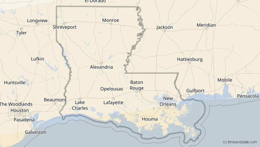 A map of Louisiana, USA, showing the path of the 8. Apr 2005 Totale Sonnenfinsternis