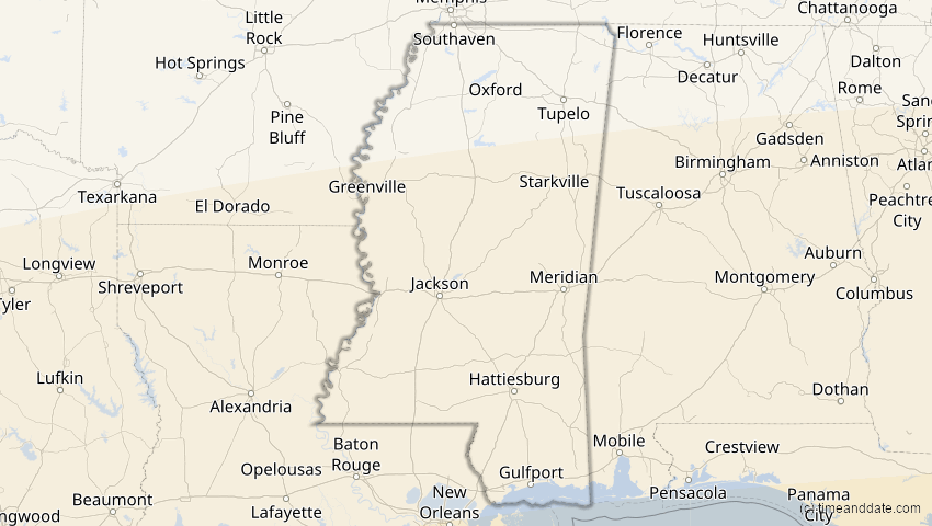 A map of Mississippi, USA, showing the path of the 8. Apr 2005 Totale Sonnenfinsternis