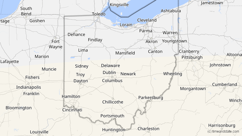 A map of Ohio, USA, showing the path of the 8. Apr 2005 Totale Sonnenfinsternis