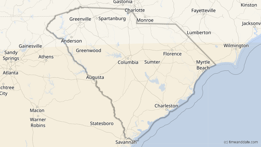 A map of South Carolina, USA, showing the path of the 8. Apr 2005 Totale Sonnenfinsternis