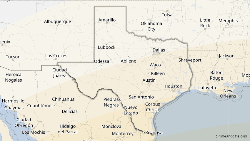 A map of Texas, USA, showing the path of the 8. Apr 2005 Totale Sonnenfinsternis