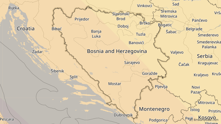 A map of Bosnien und Herzegowina, showing the path of the 3. Okt 2005 Ringförmige Sonnenfinsternis