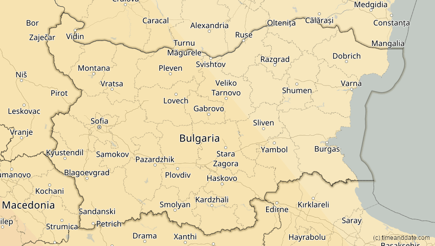 A map of Bulgarien, showing the path of the 3. Okt 2005 Ringförmige Sonnenfinsternis