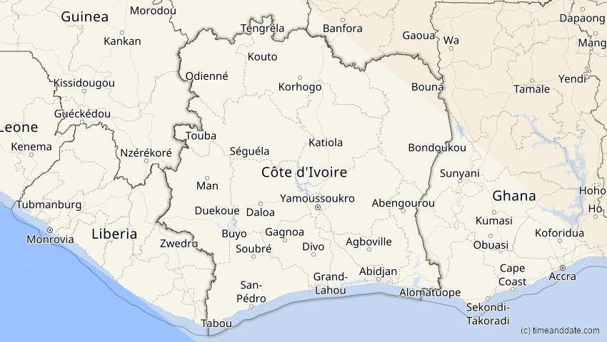 A map of Elfenbeinküste (Côte d'Ivoire), showing the path of the 3. Okt 2005 Ringförmige Sonnenfinsternis