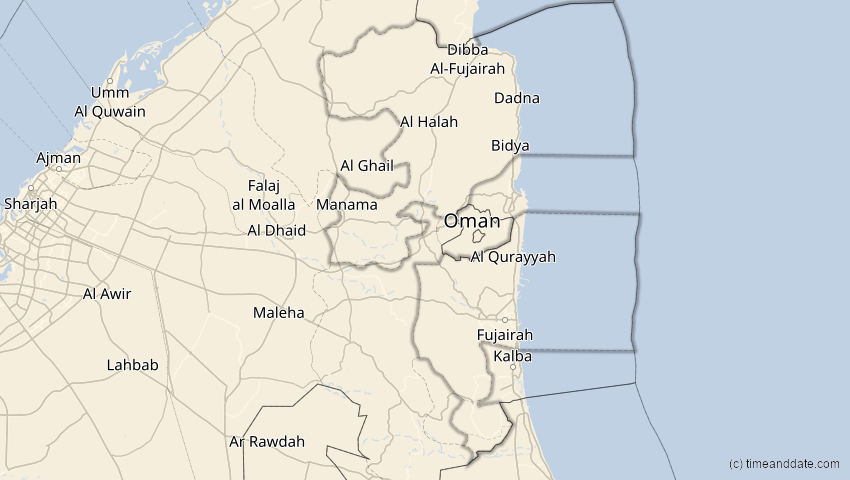 A map of Fudschaira, Vereinigte Arabische Emirate, showing the path of the 3. Okt 2005 Ringförmige Sonnenfinsternis