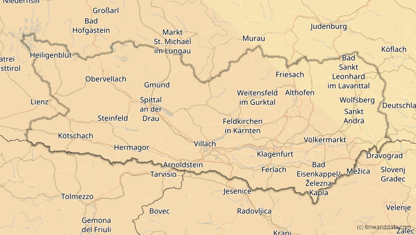 A map of Kärnten, Österreich, showing the path of the 3. Okt 2005 Ringförmige Sonnenfinsternis