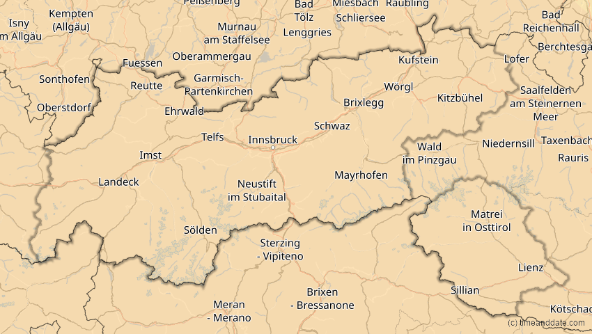 A map of Tirol, Österreich, showing the path of the 3. Okt 2005 Ringförmige Sonnenfinsternis