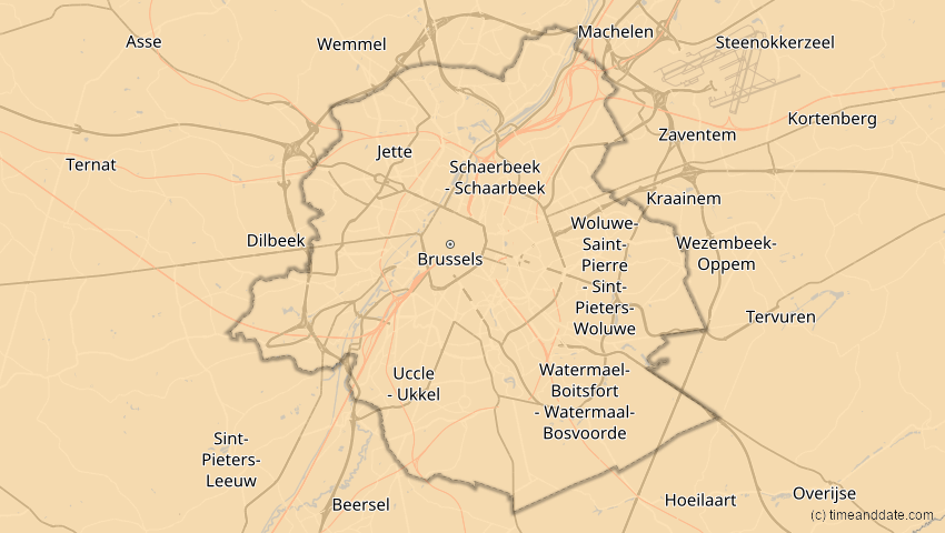 A map of Brüssel, Belgien, showing the path of the 3. Okt 2005 Ringförmige Sonnenfinsternis