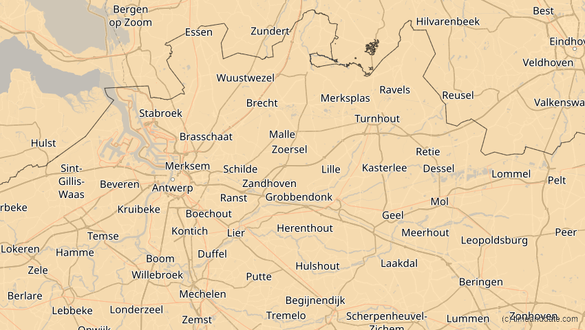 A map of Antwerpen, Belgien, showing the path of the 3. Okt 2005 Ringförmige Sonnenfinsternis