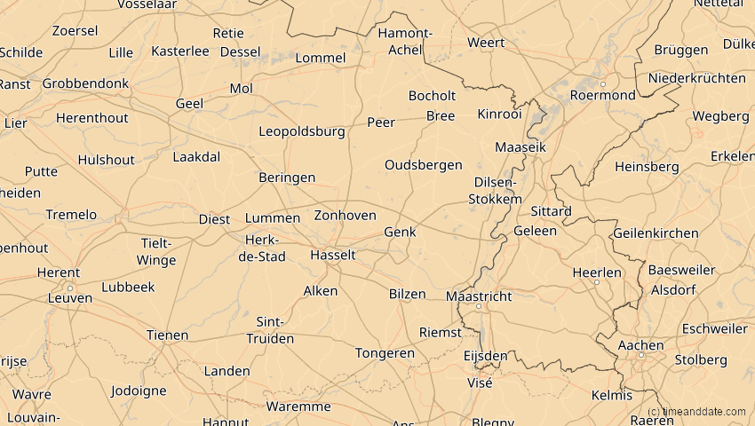 A map of Limburg, Belgien, showing the path of the 3. Okt 2005 Ringförmige Sonnenfinsternis