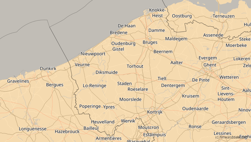 A map of Westflandern, Belgien, showing the path of the 3. Okt 2005 Ringförmige Sonnenfinsternis