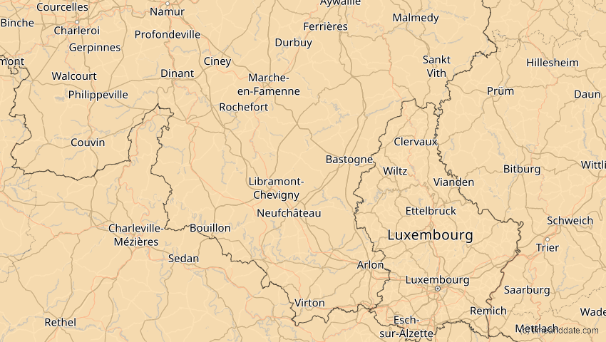 A map of Luxemburg, Belgien, showing the path of the 3. Okt 2005 Ringförmige Sonnenfinsternis