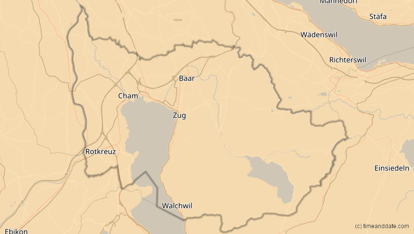 A map of Zug, Schweiz, showing the path of the 3. Okt 2005 Ringförmige Sonnenfinsternis