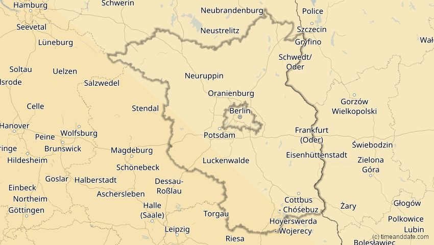 A map of Brandenburg, Deutschland, showing the path of the 3. Okt 2005 Ringförmige Sonnenfinsternis