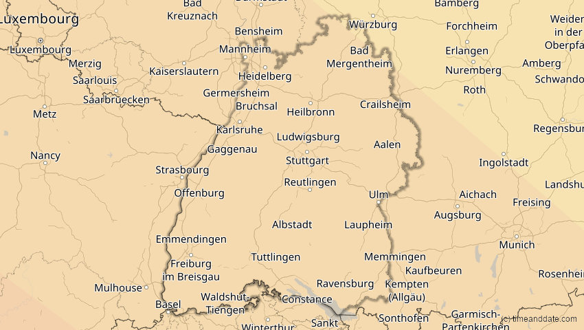 A map of Baden-Württemberg, Deutschland, showing the path of the 3. Okt 2005 Ringförmige Sonnenfinsternis