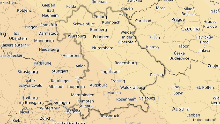 A map of Bayern, Deutschland, showing the path of the 3. Okt 2005 Ringförmige Sonnenfinsternis