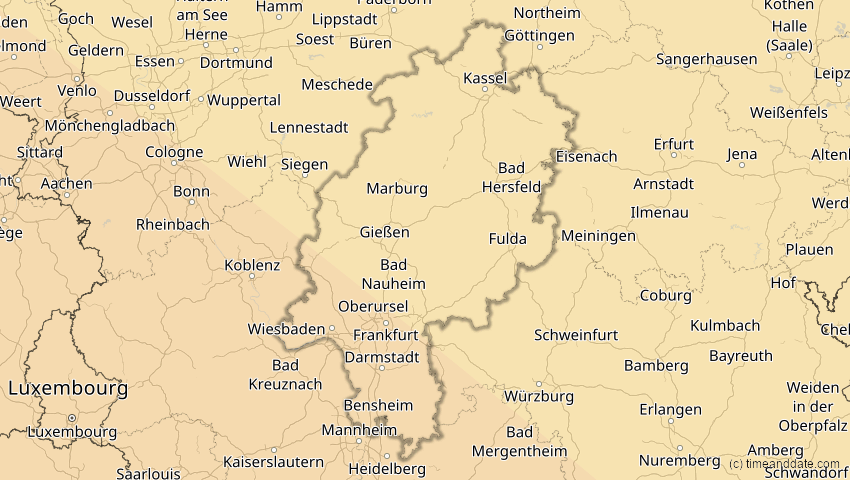A map of Hessen, Deutschland, showing the path of the 3. Okt 2005 Ringförmige Sonnenfinsternis