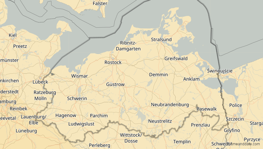 A map of Mecklenburg-Vorpommern, Deutschland, showing the path of the 3. Okt 2005 Ringförmige Sonnenfinsternis