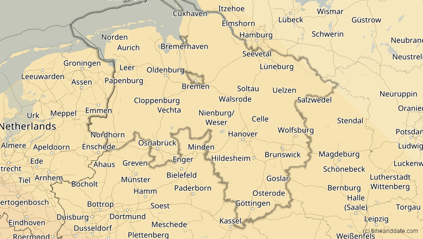 A map of Niedersachsen, Deutschland, showing the path of the 3. Okt 2005 Ringförmige Sonnenfinsternis