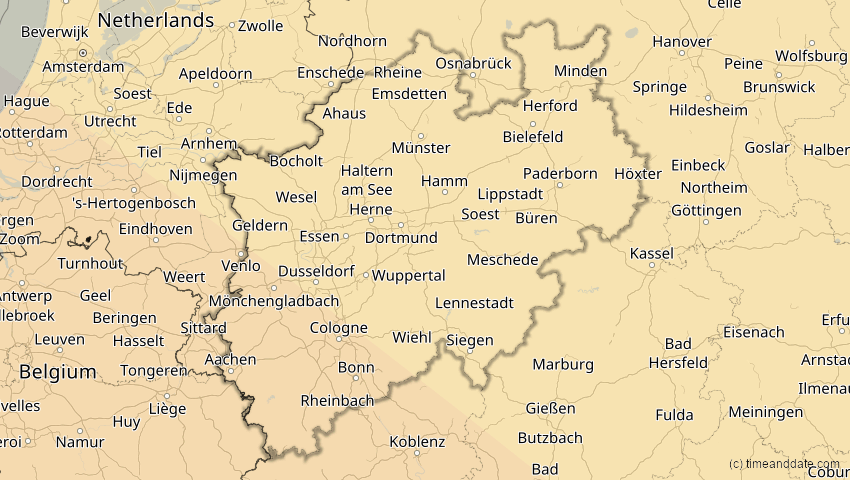 A map of Nordrhein-Westfalen, Deutschland, showing the path of the 3. Okt 2005 Ringförmige Sonnenfinsternis