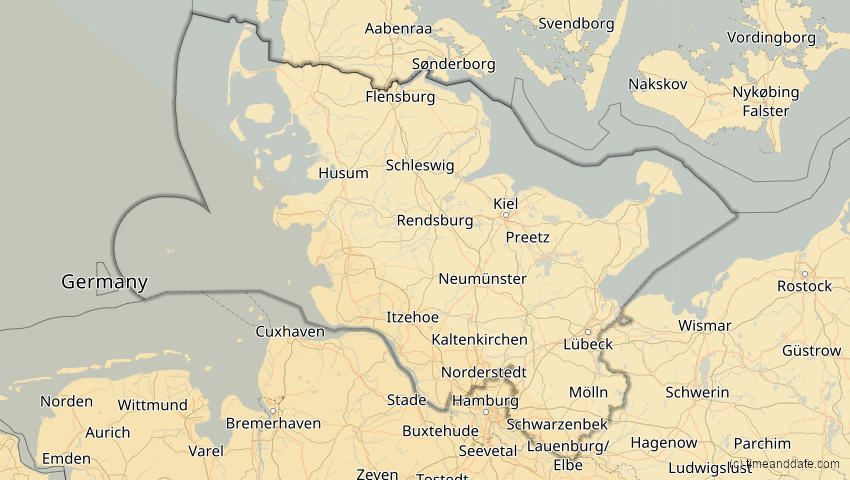 A map of Schleswig-Holstein, Deutschland, showing the path of the 3. Okt 2005 Ringförmige Sonnenfinsternis