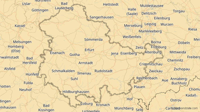 A map of Thüringen, Deutschland, showing the path of the 3. Okt 2005 Ringförmige Sonnenfinsternis