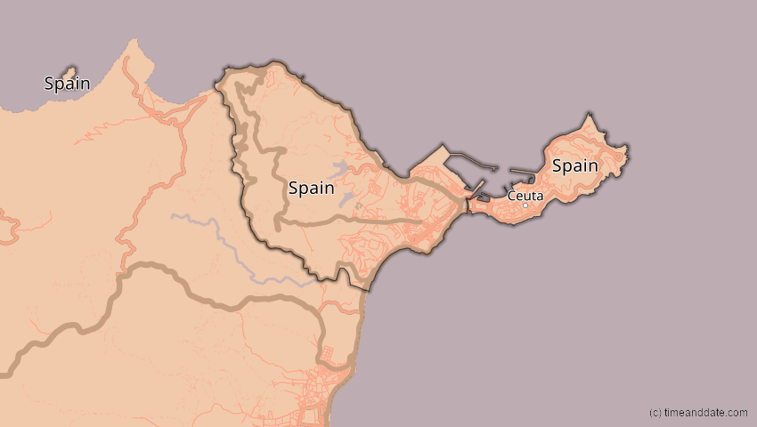 A map of Ceuta, Spanien, showing the path of the 3. Okt 2005 Ringförmige Sonnenfinsternis