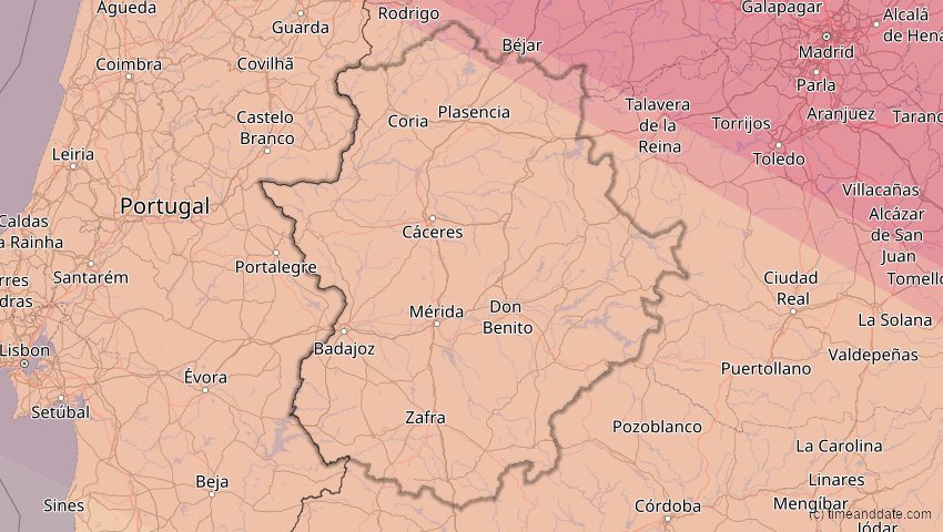 A map of Extremadura, Spanien, showing the path of the 3. Okt 2005 Ringförmige Sonnenfinsternis