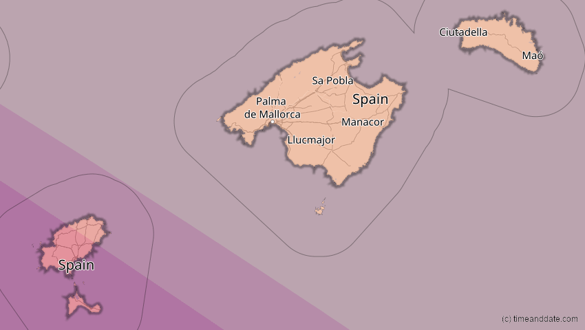 A map of Balearische Inseln, Spanien, showing the path of the 3. Okt 2005 Ringförmige Sonnenfinsternis