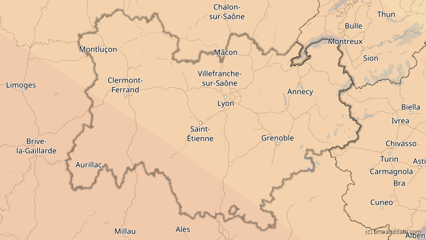 A map of Auvergne-Rhône-Alpes, Frankreich, showing the path of the 3. Okt 2005 Ringförmige Sonnenfinsternis