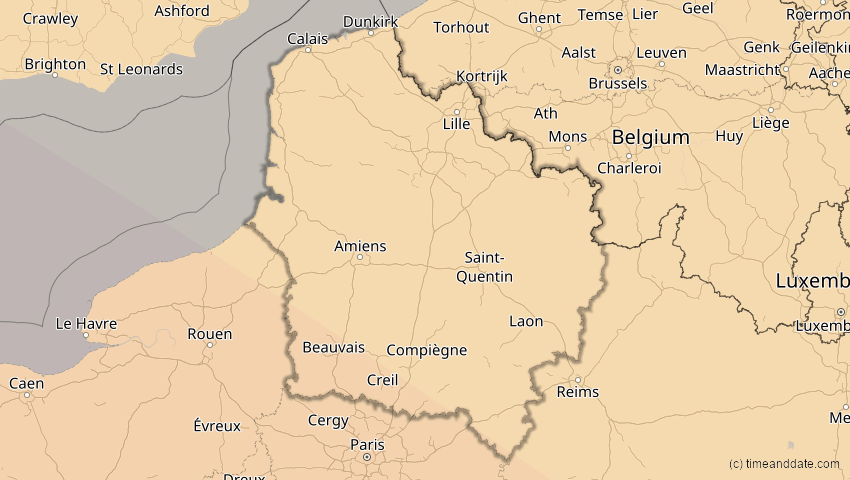 A map of Hauts-de-France, Frankreich, showing the path of the 3. Okt 2005 Ringförmige Sonnenfinsternis