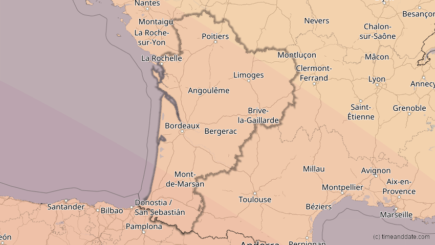 A map of Nouvelle-Aquitaine, Frankreich, showing the path of the 3. Okt 2005 Ringförmige Sonnenfinsternis