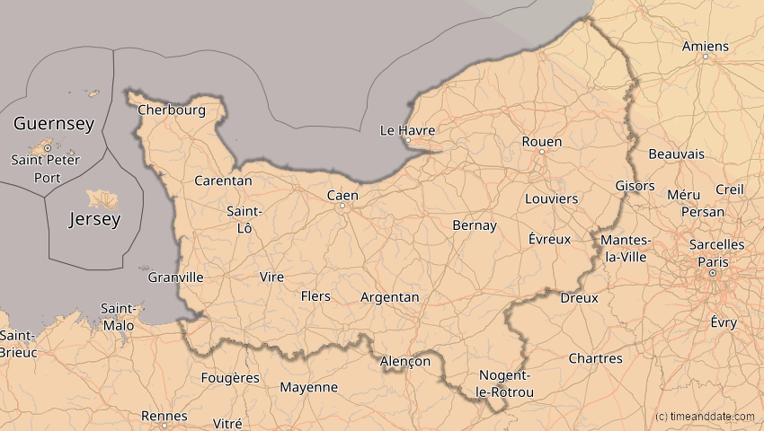 A map of Normandie, Frankreich, showing the path of the 3. Okt 2005 Ringförmige Sonnenfinsternis