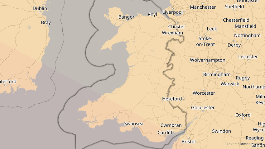 A map of Wales, Großbritannien, showing the path of the 3. Okt 2005 Ringförmige Sonnenfinsternis