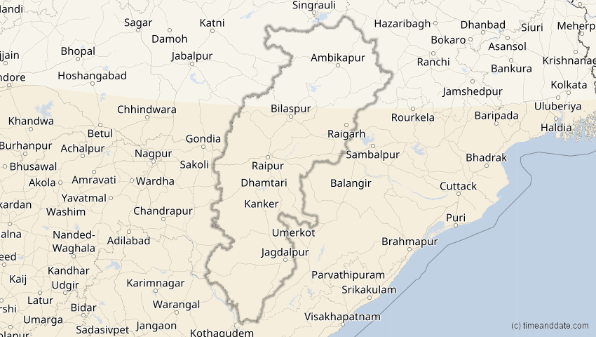 A map of Chhattisgarh, Indien, showing the path of the 3. Okt 2005 Ringförmige Sonnenfinsternis