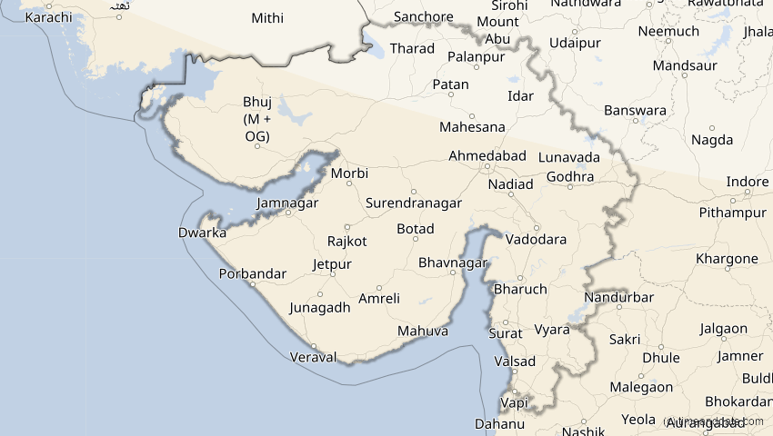 A map of Gujarat, Indien, showing the path of the 3. Okt 2005 Ringförmige Sonnenfinsternis
