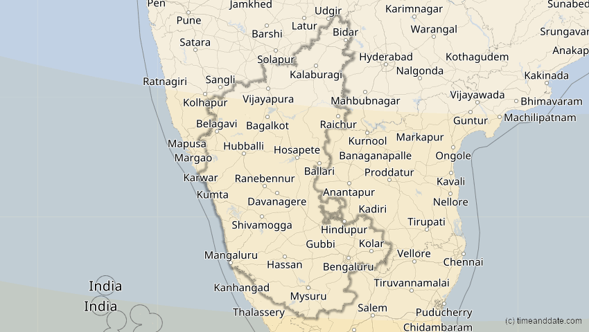 A map of Karnataka, Indien, showing the path of the 3. Okt 2005 Ringförmige Sonnenfinsternis