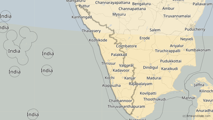 A map of Kerala, Indien, showing the path of the 3. Okt 2005 Ringförmige Sonnenfinsternis