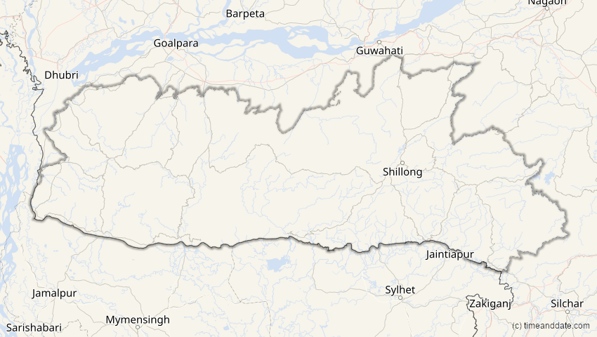 A map of Meghalaya, Indien, showing the path of the 3. Okt 2005 Ringförmige Sonnenfinsternis