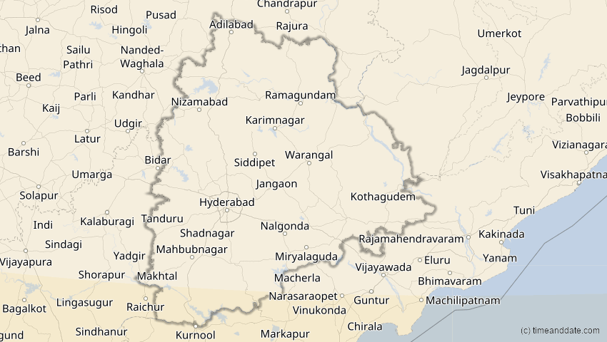 A map of Telangana, Indien, showing the path of the 3. Okt 2005 Ringförmige Sonnenfinsternis