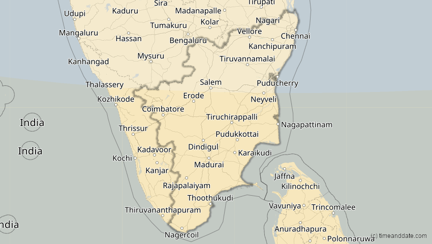 A map of Tamil Nadu, Indien, showing the path of the 3. Okt 2005 Ringförmige Sonnenfinsternis