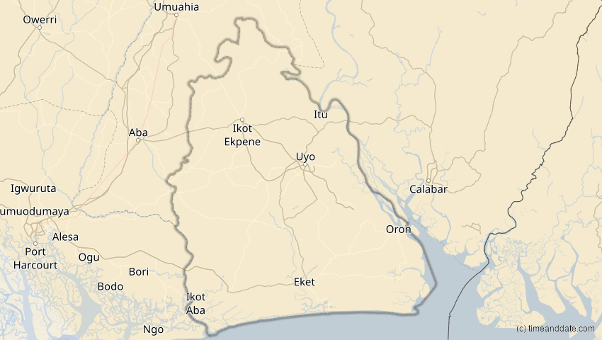 A map of Akwa Ibom, Nigeria, showing the path of the 3. Okt 2005 Ringförmige Sonnenfinsternis