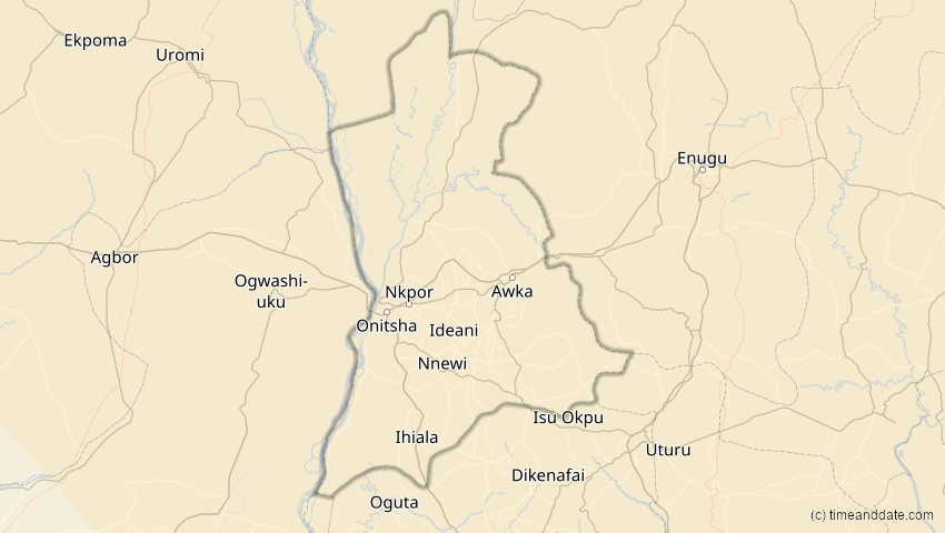 A map of  Anambra, Nigeria, showing the path of the 3. Okt 2005 Ringförmige Sonnenfinsternis