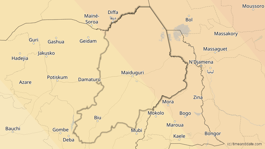 A map of Borno, Nigeria, showing the path of the 3. Okt 2005 Ringförmige Sonnenfinsternis