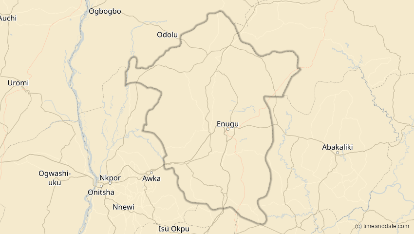 A map of Enugu, Nigeria, showing the path of the 3. Okt 2005 Ringförmige Sonnenfinsternis