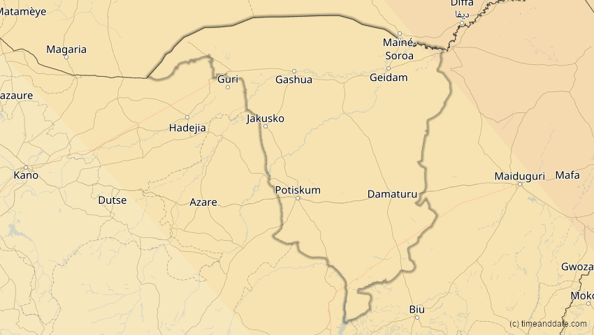 A map of Yobe, Nigeria, showing the path of the 3. Okt 2005 Ringförmige Sonnenfinsternis