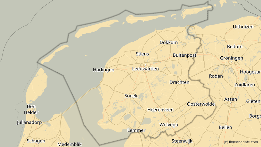A map of Friesland, Niederlande, showing the path of the 3. Okt 2005 Ringförmige Sonnenfinsternis