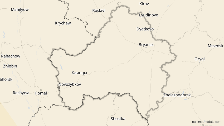 A map of Brjansk, Russland, showing the path of the 3. Okt 2005 Ringförmige Sonnenfinsternis