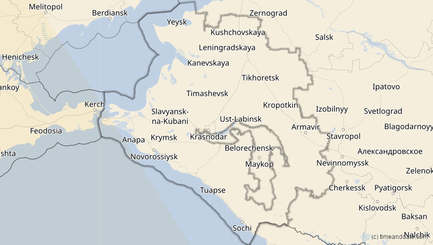 A map of Krasnodar, Russland, showing the path of the 3. Okt 2005 Ringförmige Sonnenfinsternis