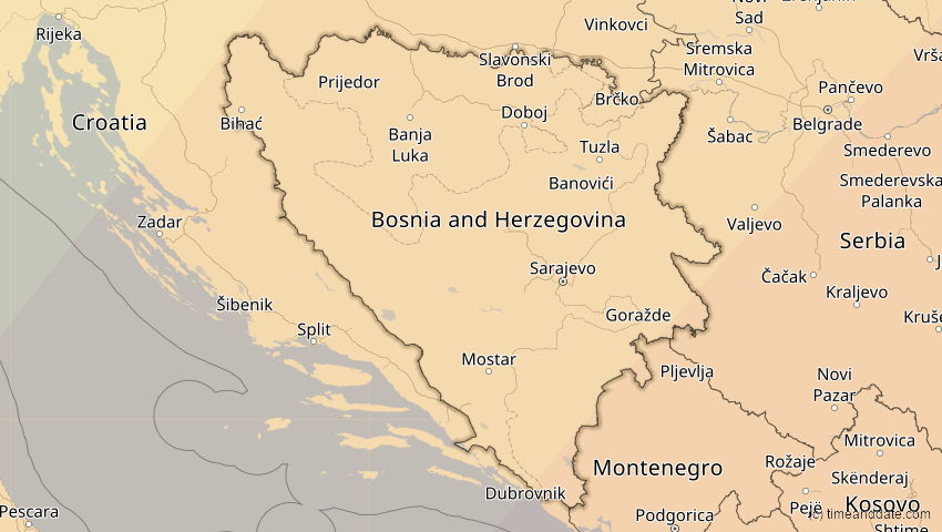 A map of Bosnien und Herzegowina, showing the path of the 29. Mär 2006 Totale Sonnenfinsternis